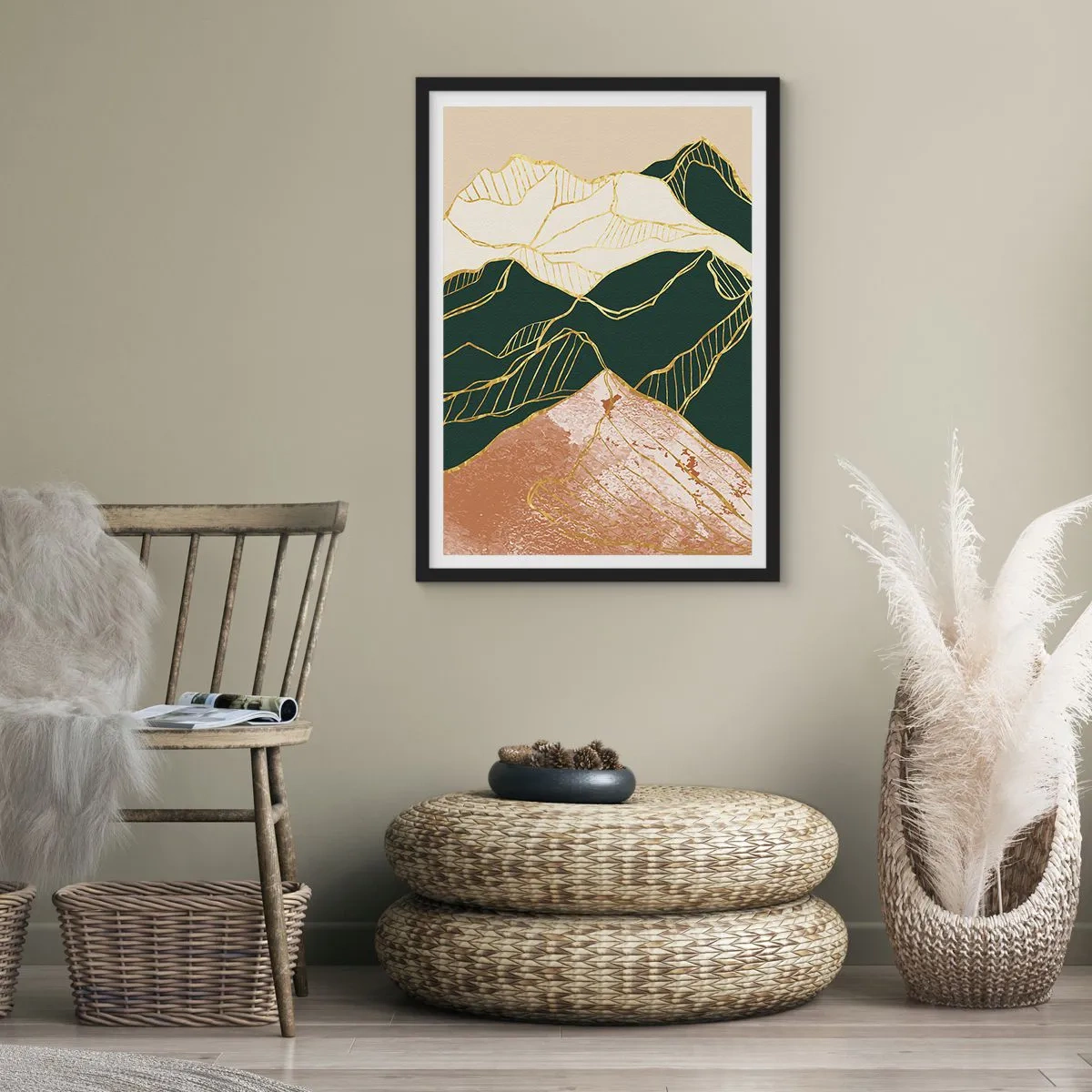 Pôster com moldura preta - Linhas douradas abstratas criando uma paisagem montanhosa - 50x70cm - Picos dourados - Decoração de parede moderna para a sala de estar e quarto ARTTOR