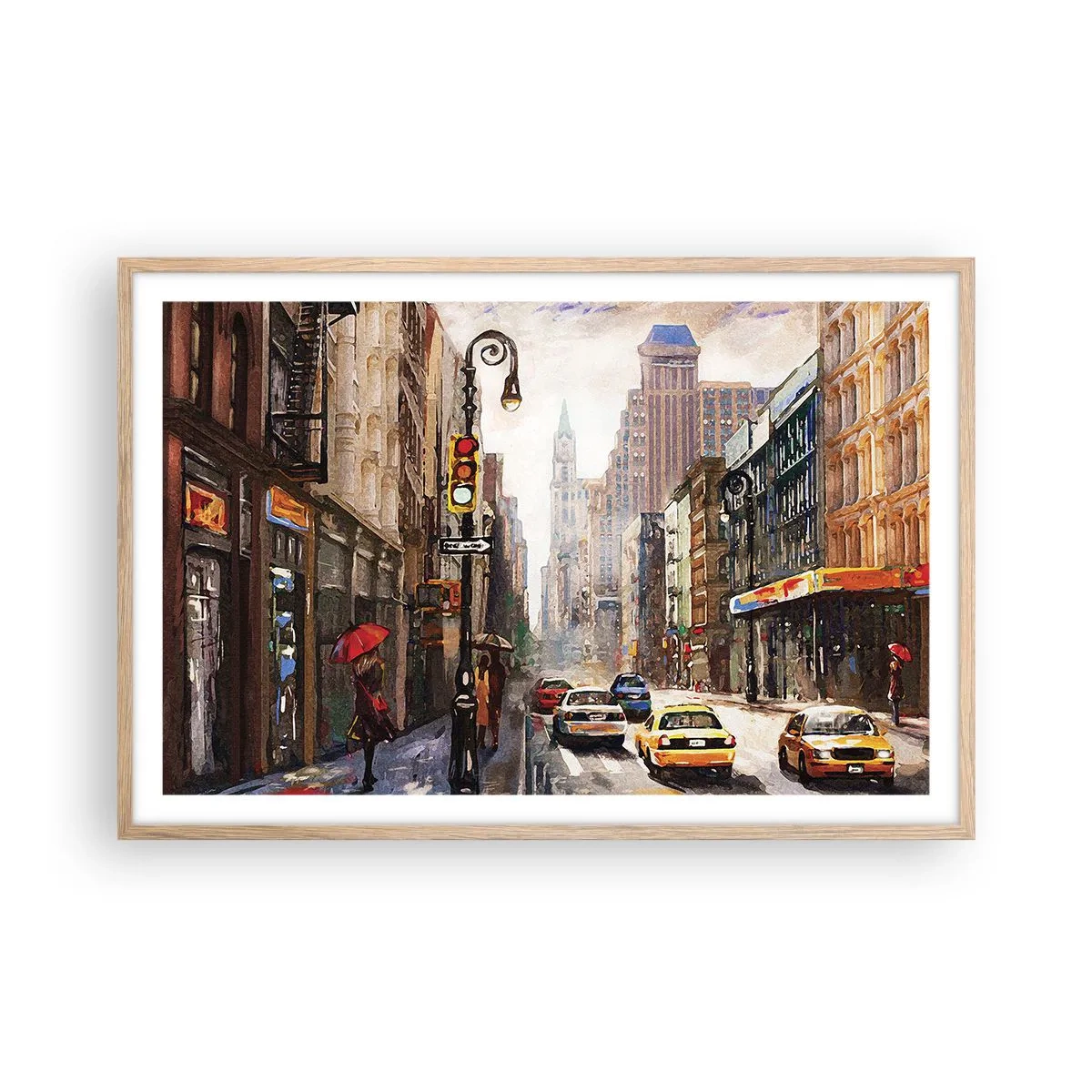Pôster com moldura de carvalho claro - Nova York – colorida também na chuva - 91x61 cm