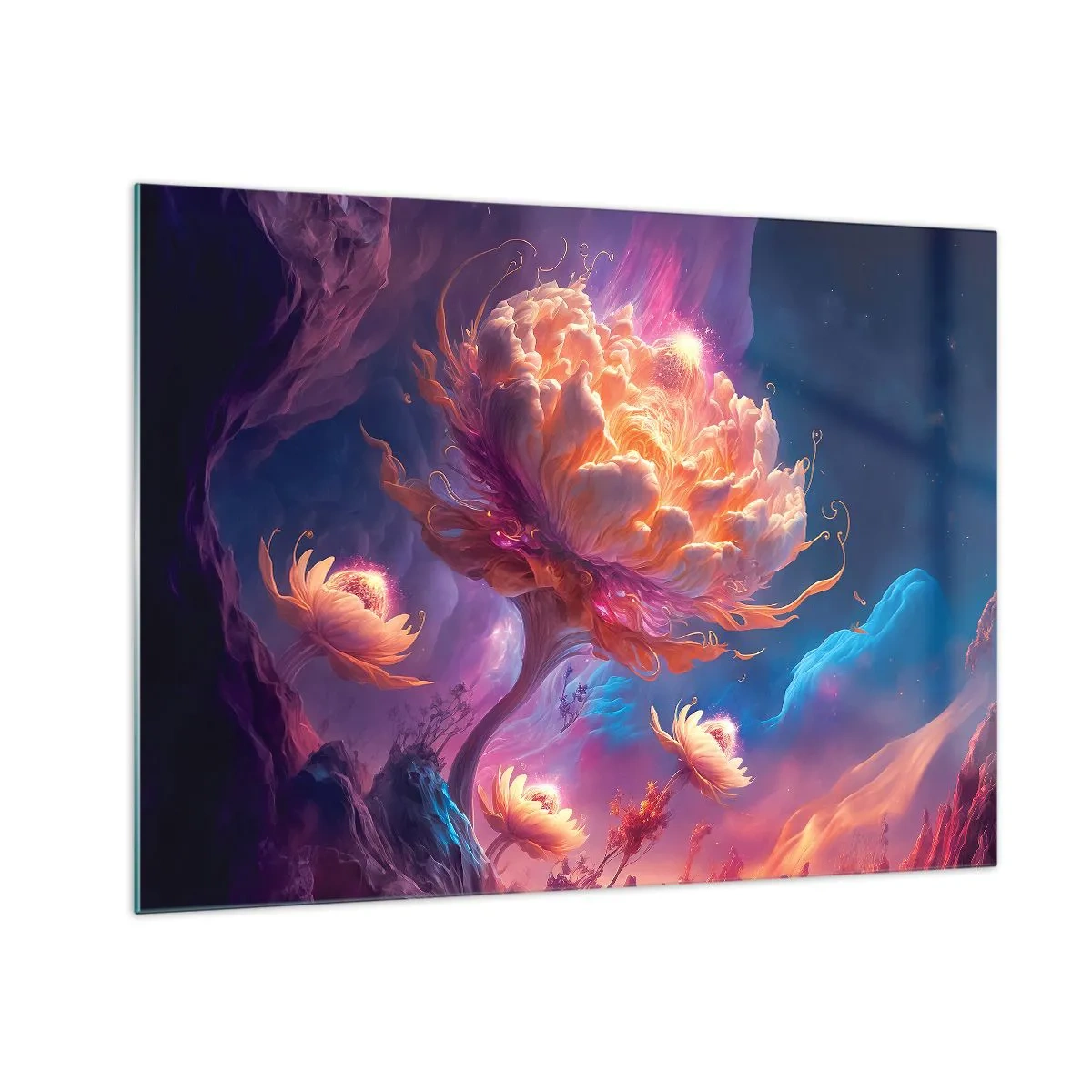 Quadro em vidro - Uma flor fantástica flutuando em um cenário cósmico - 70x50cm - Outro mundo - Decoração de parede moderna para a sala de estar e quarto ARTTOR