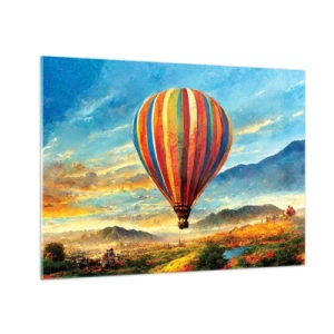 Quadro em vidro - Um balão colorido flutuando sobre uma paisagem montanhosa - 70x50cm - Com silêncio enxergas mais - Decoração de parede moderna para a sala de estar e quarto ARTTOR