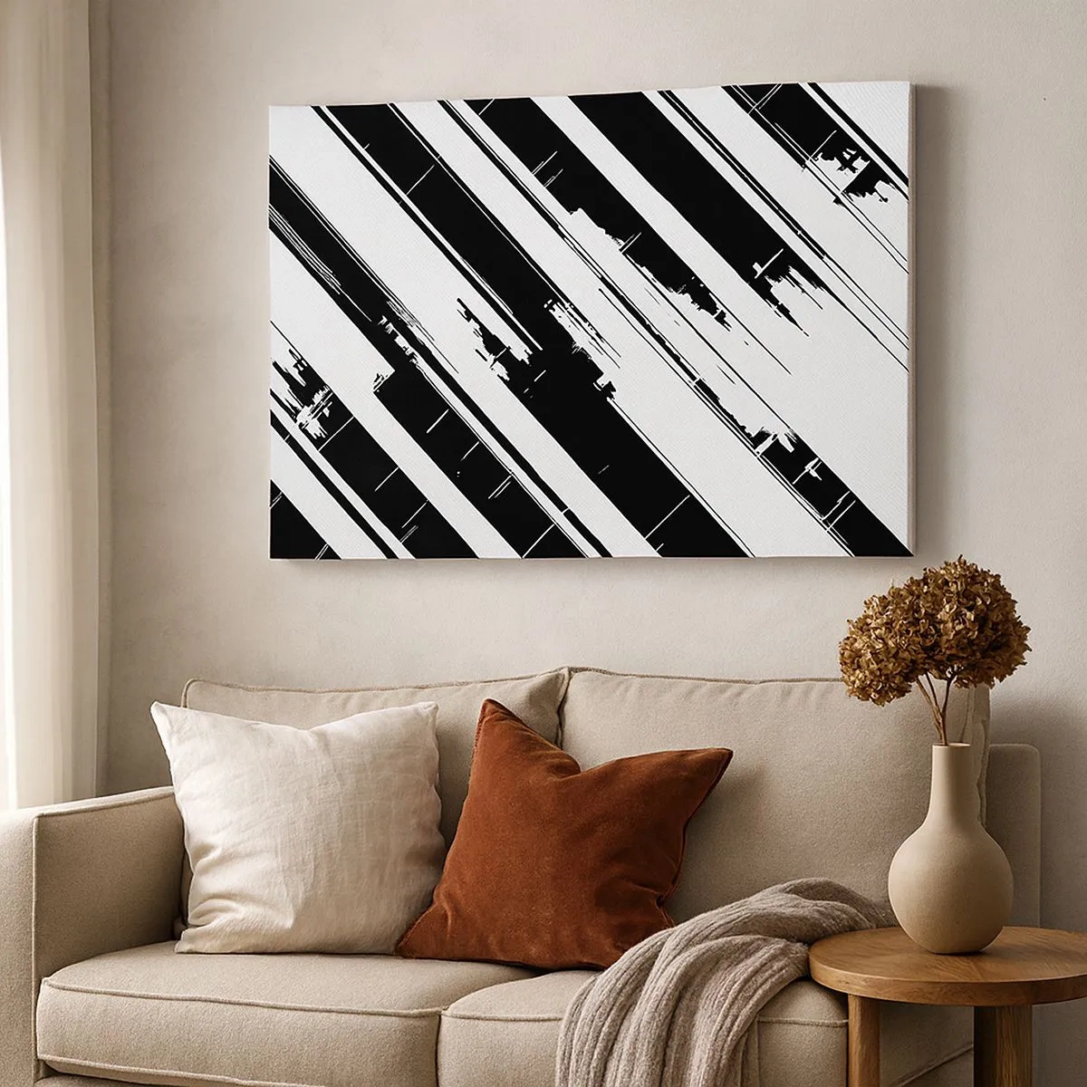 Quadro em tela - Linhas pretas e brancas e padrões geométricos em um estilo moderno - 70x50cm - Uma composição intensa e dinâmica - Decoração de parede moderna para a sala de estar e quarto ARTTOR
