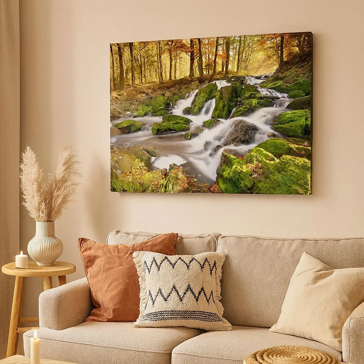 Quadro em tela - Uma paisagem arborizada com uma cachoeira cercada por musgo - 70x50cm - Pela floresta de outono - Decoração de parede moderna para a sala de estar e quarto ARTTOR