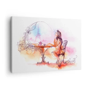 Quadro em tela - Aquarela romântica de uma mulher em um café com vista para uma torre - 70x50cm - Elegância parisiense - Decoração de parede moderna para a sala de estar e quarto ARTTOR