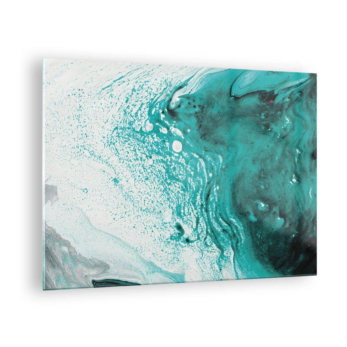 Quadro em vidro - Uma pintura abstrata em tons de branco e turquesa - 70x50cm - Derreter a branco e turquesa - Decoração de parede moderna para a sala de estar e quarto ARTTOR