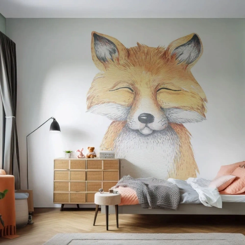 Papel de Parede Standard Eco - Raposa sorridente em estilo aquarela sobre fundo branco - 100x70cm - Humor de raposa - Decoração de parede moderna para a sala de estar e quarto ARTTOR