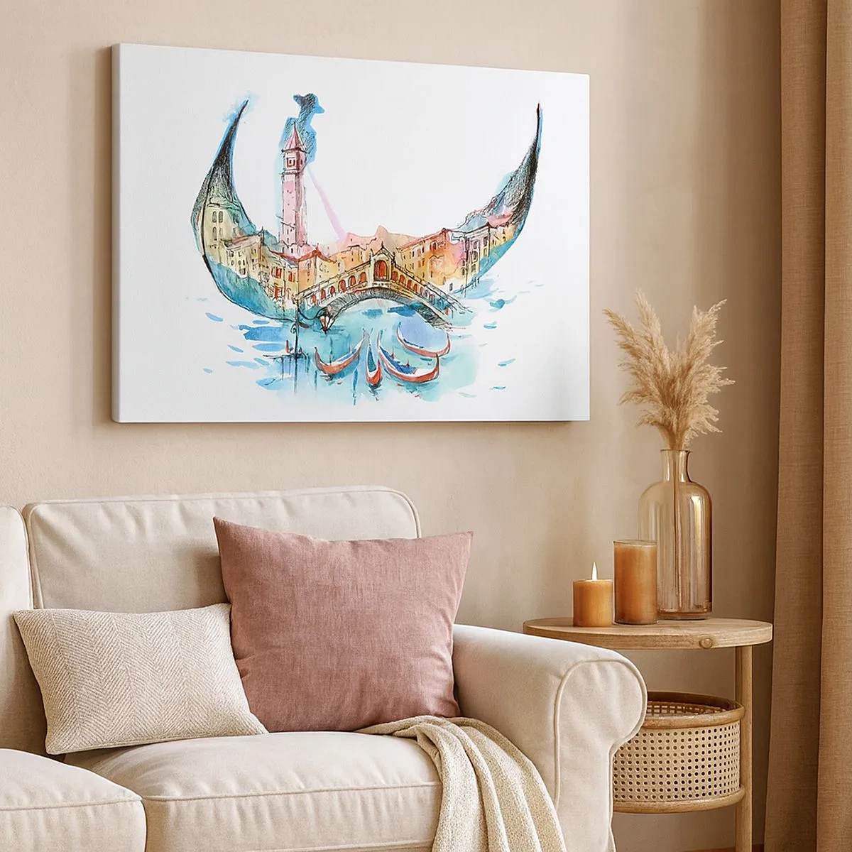 Quadro em tela - Uma composição em aquarela de Veneza em forma de gôndola - 70x50cm - Navegamos pela cidade - Decoração de parede moderna para a sala de estar e quarto ARTTOR