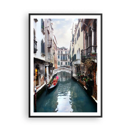 Pôster com moldura preta - Paisagem veneziana com gôndola e ponte - 70x100 cm