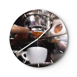 Relógio de parede - Relógio em vidro - Close-up de uma máquina de café com uma xícara de expresso - 30x30cm - Boa hora do dia - Decoração de parede moderna para a sala de estar, cozinha e quarto ARTTOR