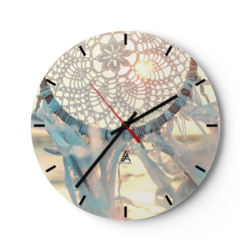 Relógio de parede - Relógio em vidro - Apanhador de sonhos de renda com fitas nos raios do pôr do sol - 30x30cm - Totem de renda - Decoração de parede moderna para a sala de estar, cozinha e quarto ARTTOR