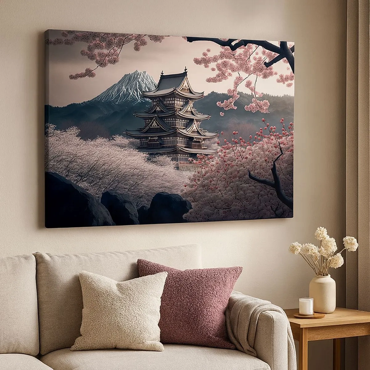 Quadro em tela - Um templo japonês cercado por flores de cerejeira e montanhas - 70x50cm - A terra da flor de cerejeira - Decoração de parede moderna para a sala de estar e quarto ARTTOR
