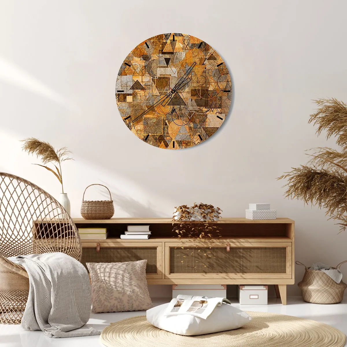 Relógio de parede - Relógio em vidro - Padrão geométrico abstrato em tons de dourado e marrom - 30x30cm - O mundo em forma - Decoração de parede moderna para a sala de estar, cozinha e quarto ARTTOR