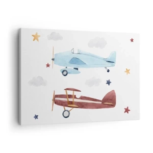 Quadro em tela - Aviões pintados à mão contra um fundo de nuvens e estrelas - 70x50cm - Sr. Piloto, estamos a aguardar! - Decoração de parede moderna para a sala de estar e quarto ARTTOR