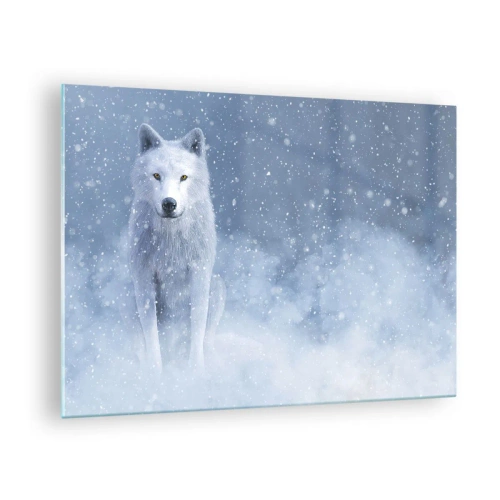 Quadro em vidro - Um lobo branco em uma tempestade de neve olhando para frente - 70x50cm - No espírito de inverno - Decoração de parede moderna para a sala de estar e quarto ARTTOR