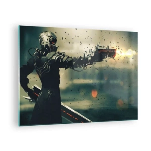 Quadro em vidro - Um guerreiro cibernético de estilo futurista com armas de energia - 70x50cm - Arma letal - seu próprio Exterminador do Futuro - Decoração de parede moderna para a sala de estar e quarto ARTTOR