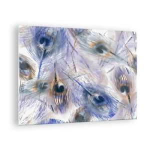 Quadro em vidro - Delicadas penas de pavão em tons de azul e marrom - 70x50cm - Composição do pavão - Decoração de parede moderna para a sala de estar e quarto ARTTOR
