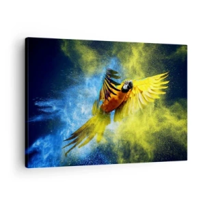 Quadro em tela - Um papagaio em voo em um cenário de explosões coloridas de amarelo e azul. - 70x50cm - Em pó azul-dourado - Decoração de parede moderna para a sala de estar e quarto ARTTOR