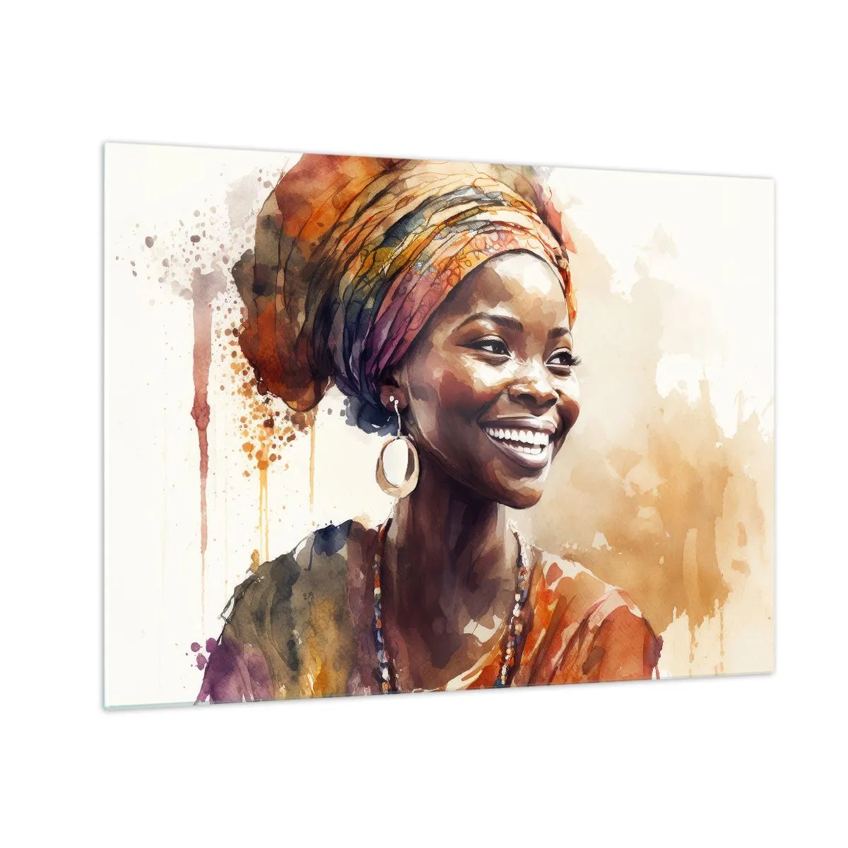 Quadro em vidro - Retrato em aquarela de uma mulher sorridente com turbante - 70x50cm - Rainha africana - Decoração de parede moderna para a sala de estar e quarto ARTTOR