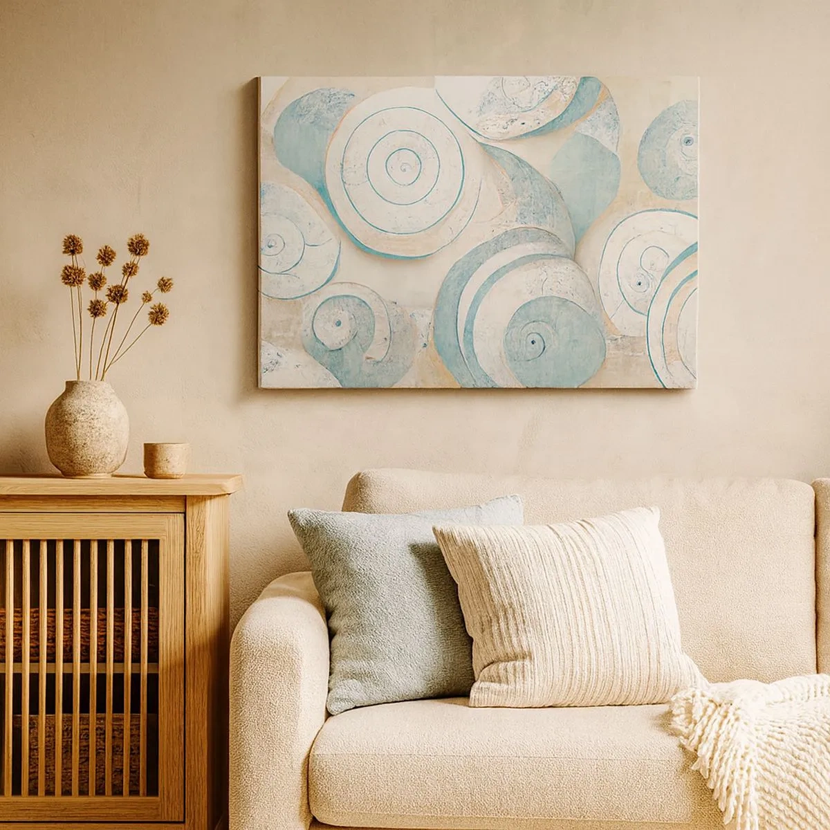 Quadro em tela - Conchas abstratas em tons pastel - 70x50cm - O que há dentro da casca? - Decoração de parede moderna para a sala de estar e quarto ARTTOR