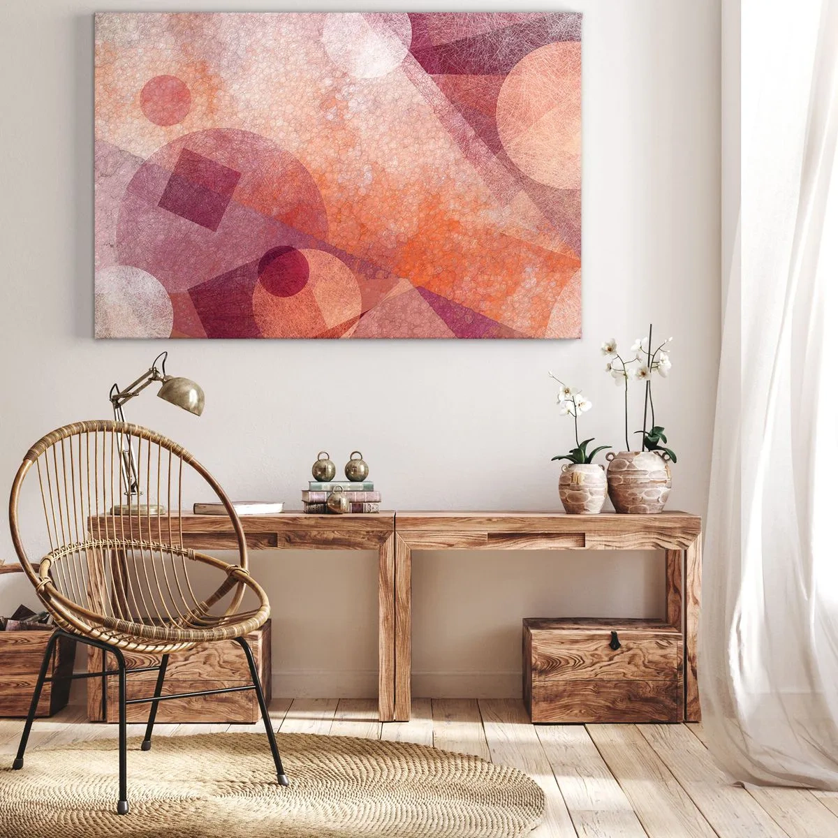 Quadro em tela - Formas geométricas abstratas em tons pastéis de rosa - 70x50cm - Transformações geométricas em rosa - Decoração de parede moderna para a sala de estar e quarto ARTTOR