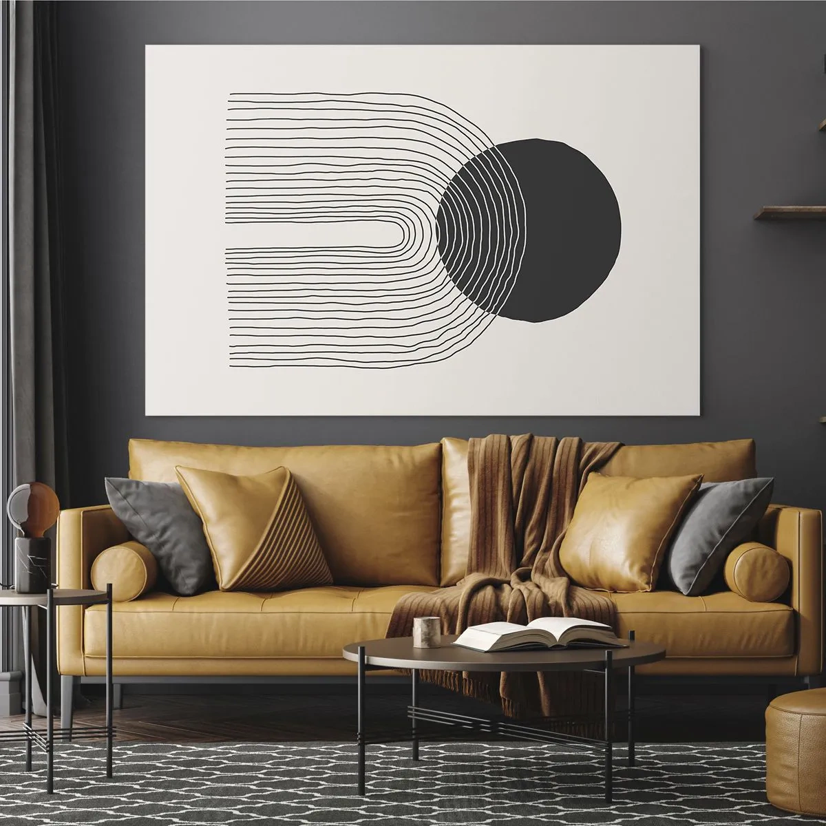 Quadro em vidro - Gráfico minimalista com círculo preto e linhas - 70x50cm - Tremores e confiança - Decoração de parede moderna para a sala de estar e quarto ARTTOR