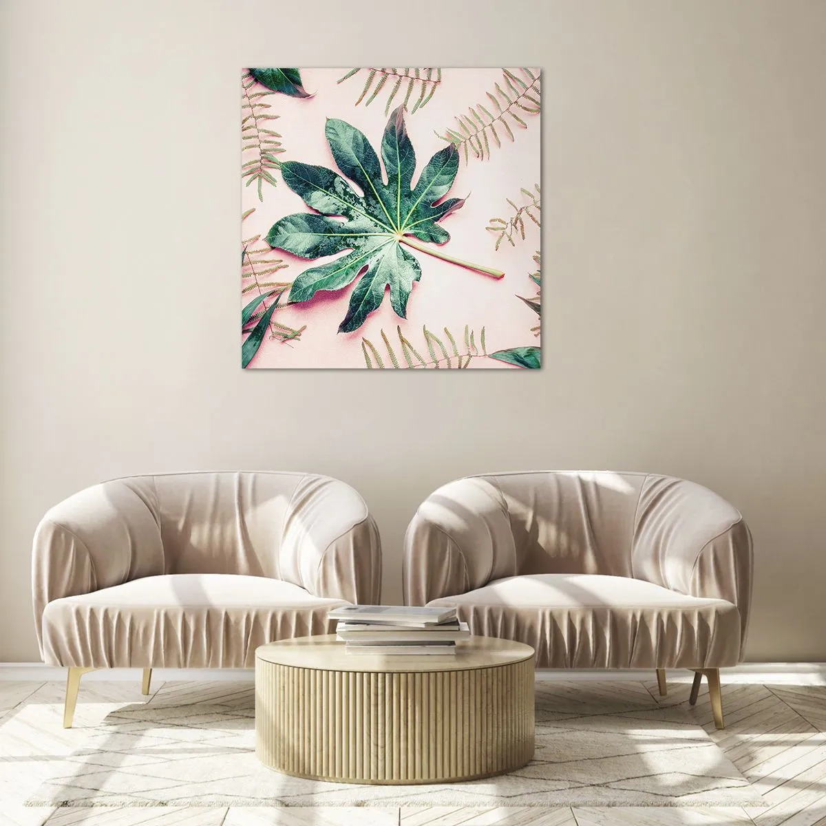 Quadro em vidro - Estudo do verde em um fundo rosa - 30x30 cm