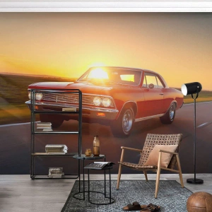 Papel de Parede Standard Eco - Carro clássico na estrada ao pôr do sol - 100x70cm - O desejo é vermelho - Decoração de parede moderna para a sala de estar e quarto ARTTOR