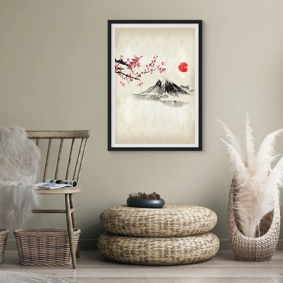 Pôster com moldura preta - Uma montanha com um ramo de cerejeira em flor e um sol vermelho - 50x70cm - Ame o Japão - Decoração de parede moderna para a sala de estar e quarto ARTTOR