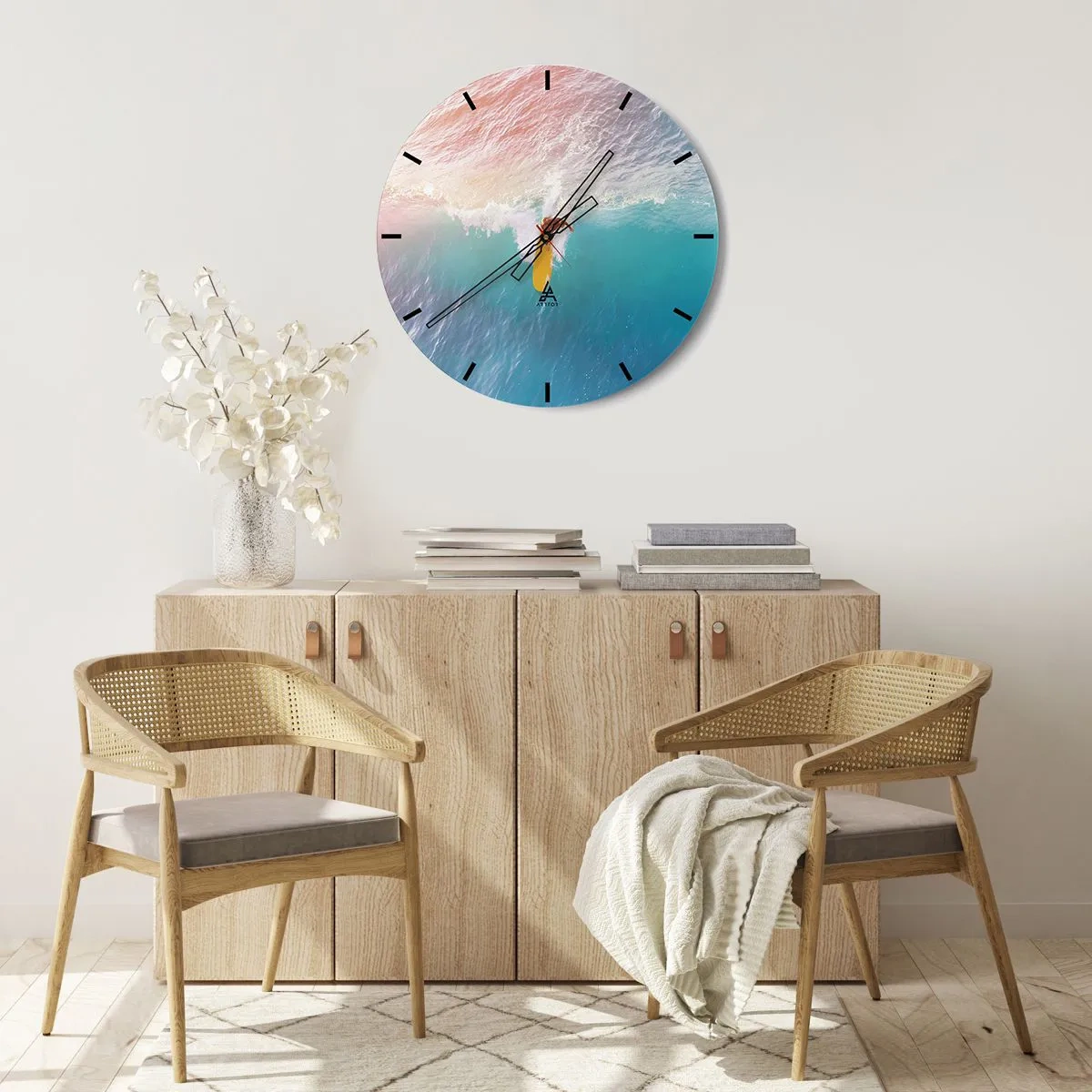 Relógio de parede - Relógio em vidro - Surfista pegando uma onda no oceano turquesa - 30x30cm - Cavaleiro oceânico - Decoração de parede moderna para a sala de estar, cozinha e quarto ARTTOR
