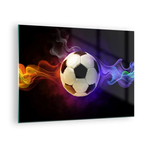 Quadro em vidro - Uma bola de futebol cercada por listras coloridas - 70x50cm - O poder mágico do jogo - Decoração de parede moderna para a sala de estar e quarto ARTTOR