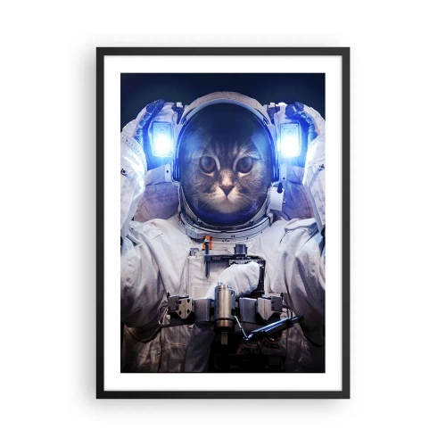 Pôster com moldura preta - Gato astronauta em traje espacial completo - 50x70cm - Houston, temos um problema - Decoração de parede moderna para a sala de estar e quarto ARTTOR