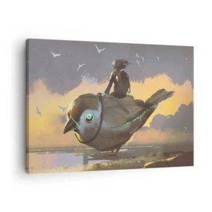 Quadro em tela - Cavaleiro em um pássaro gigante em uma paisagem surreal - 70x50cm - Uma parada numa viagem fantástica - Decoração de parede moderna para a sala de estar e quarto ARTTOR