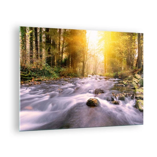 Quadro em vidro - Riacho da floresta sob a luz do sol - 70x50cm - Malaquita em um cenário de ouro e prata - Decoração de parede moderna para a sala de estar e quarto ARTTOR