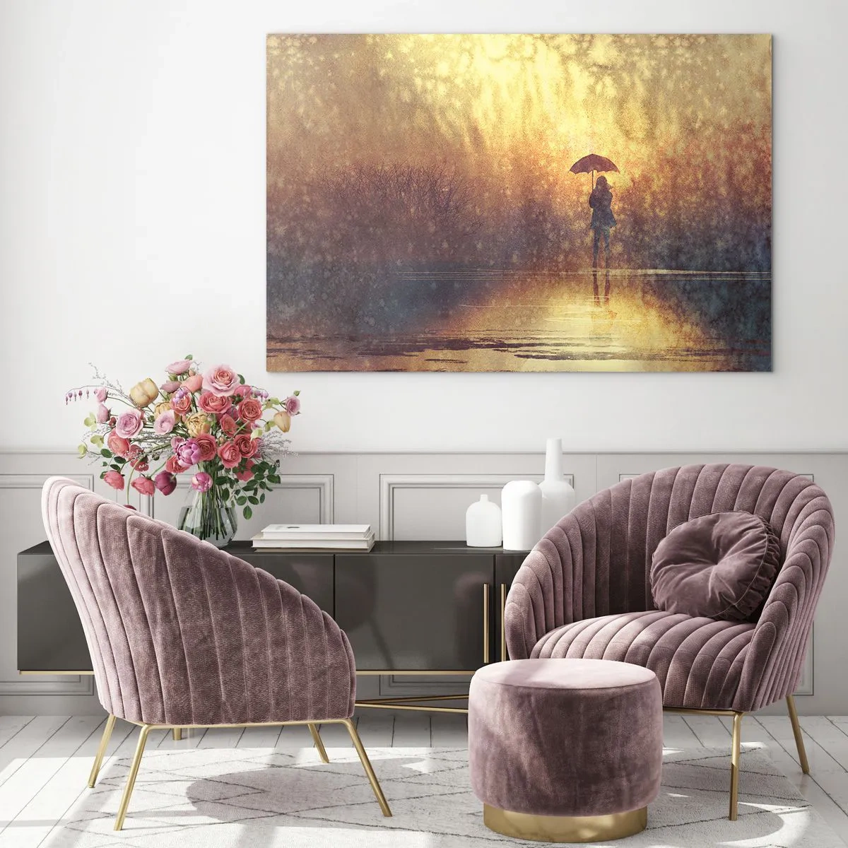 Quadro em vidro - Uma figura com um guarda-chuva à luz do pôr do sol e da chuva - 70x50cm - Sinto alguém a olhar para mim - Decoração de parede moderna para a sala de estar e quarto ARTTOR