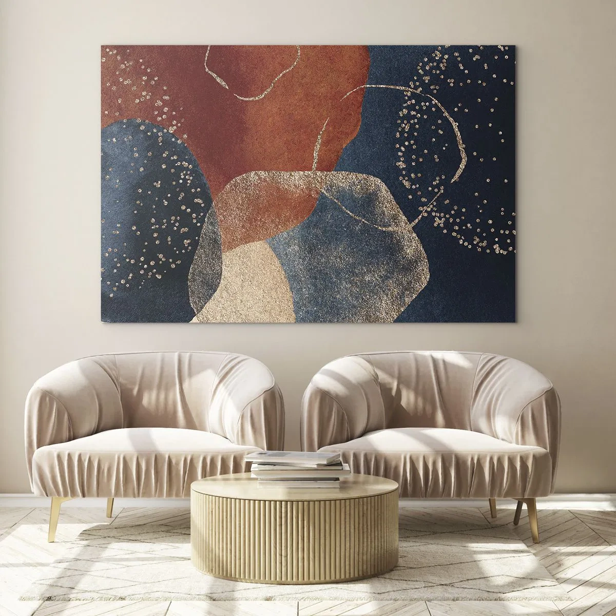 Quadro em vidro - Formas abstratas em tons de azul marinho e cobre - 70x50cm - Leveza do ser - Decoração de parede moderna para a sala de estar e quarto ARTTOR
