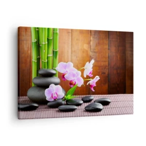 Quadro em tela - Bambu em estilo zen, pedras e orquídeas rosa sobre fundo de madeira - 70x50cm - Experimente os prazeres do Oriente - Decoração de parede moderna para a sala de estar e quarto ARTTOR