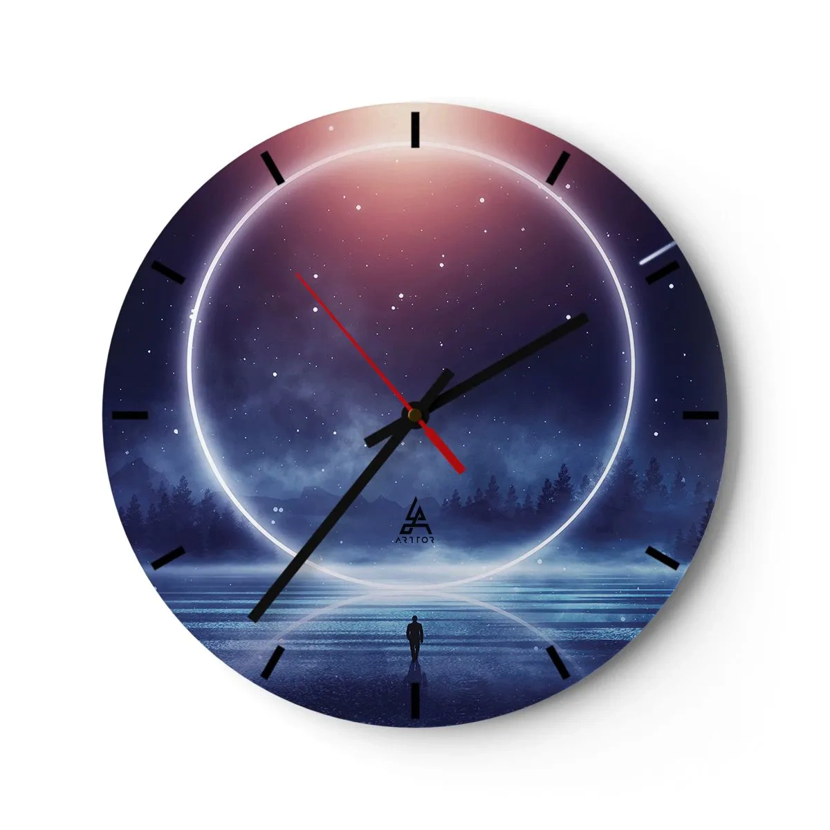 Relógio de parede - Relógio em vidro - Um anel espacial acima da água e uma figura olhando para ele. - 30x30cm - Eles já estão aqui... - Decoração de parede moderna para a sala de estar, cozinha e quarto ARTTOR