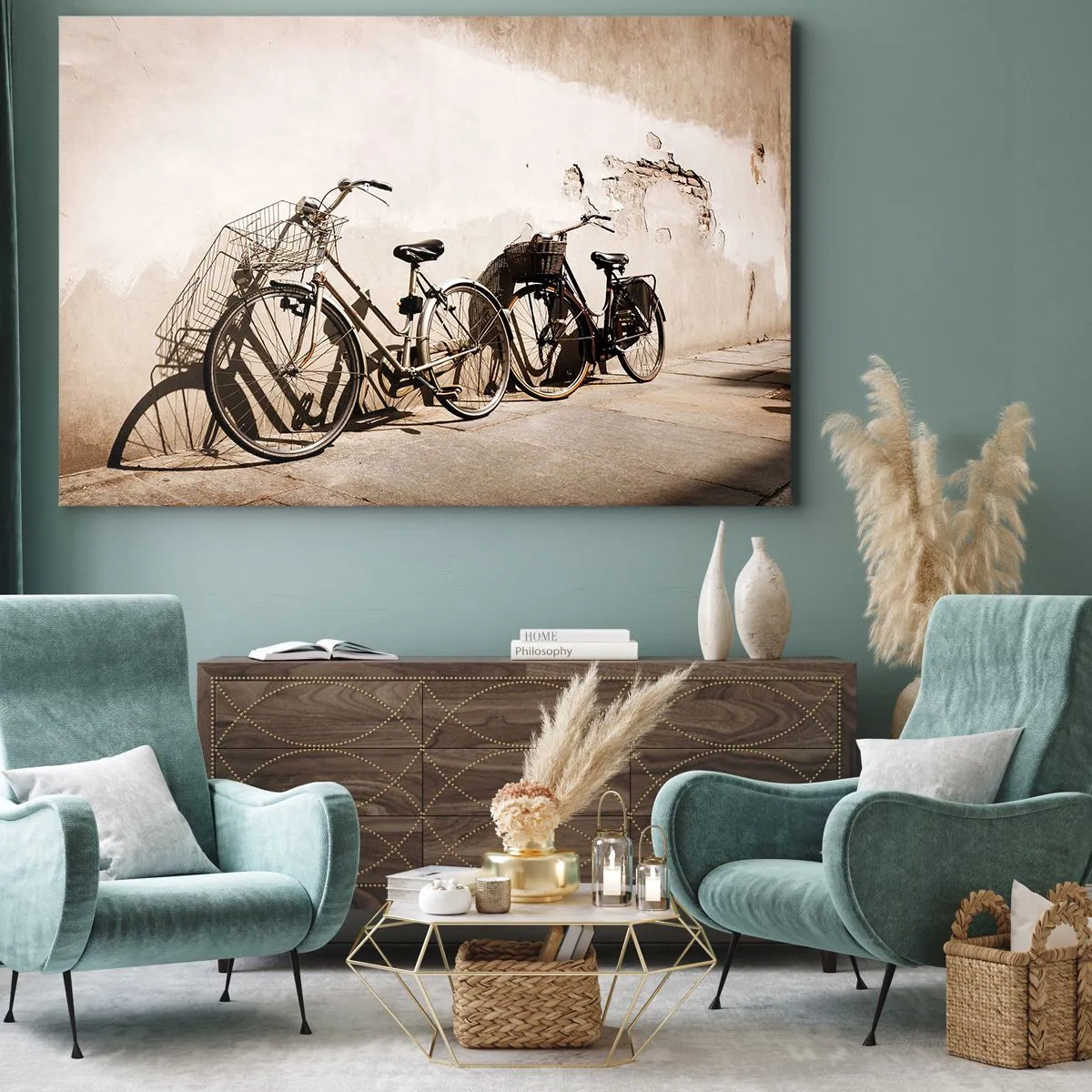 Quadro em tela - Duas bicicletas encostadas em uma parede antiga de estilo retrô - 70x50cm - Encanto inesquecível do passado - Decoração de parede moderna para a sala de estar e quarto ARTTOR