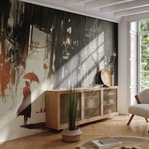 Papel de Parede Standard Eco - Mulher com um guarda-chuva vermelho em uma cidade chuvosa - 100x70cm - A poesia do guarda-chuva vermelho - Decoração de parede moderna para a sala de estar e quarto ARTTOR