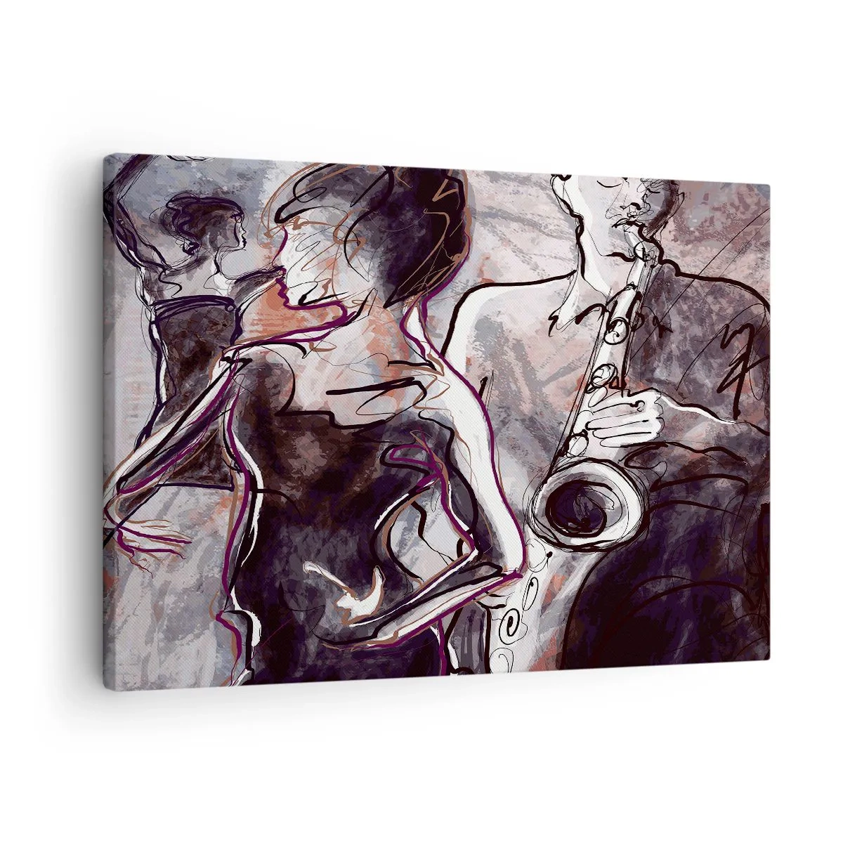 Quadro em tela - Cena abstrata de jazz com um saxofonista e uma dançarina. - 70x50cm - Deixar-se levar pela música - Decoração de parede moderna para a sala de estar e quarto ARTTOR