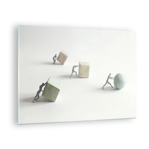 Quadro em vidro - Figuras em miniatura rolam e empurram formas geométricas. - 70x50cm - É a vida - Decoração de parede moderna para a sala de estar e quarto ARTTOR