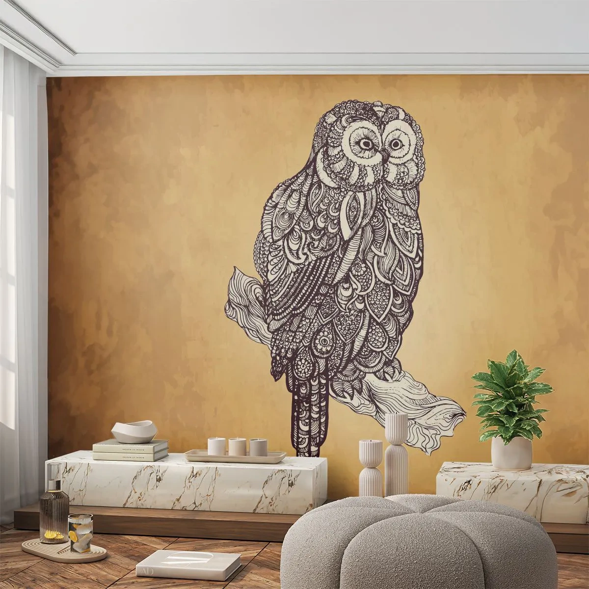 Papel de Parede Premium Sand - Ornamentos intrincados de sabedoria - Coruja, Pássaro, Animal - 100x70 cm