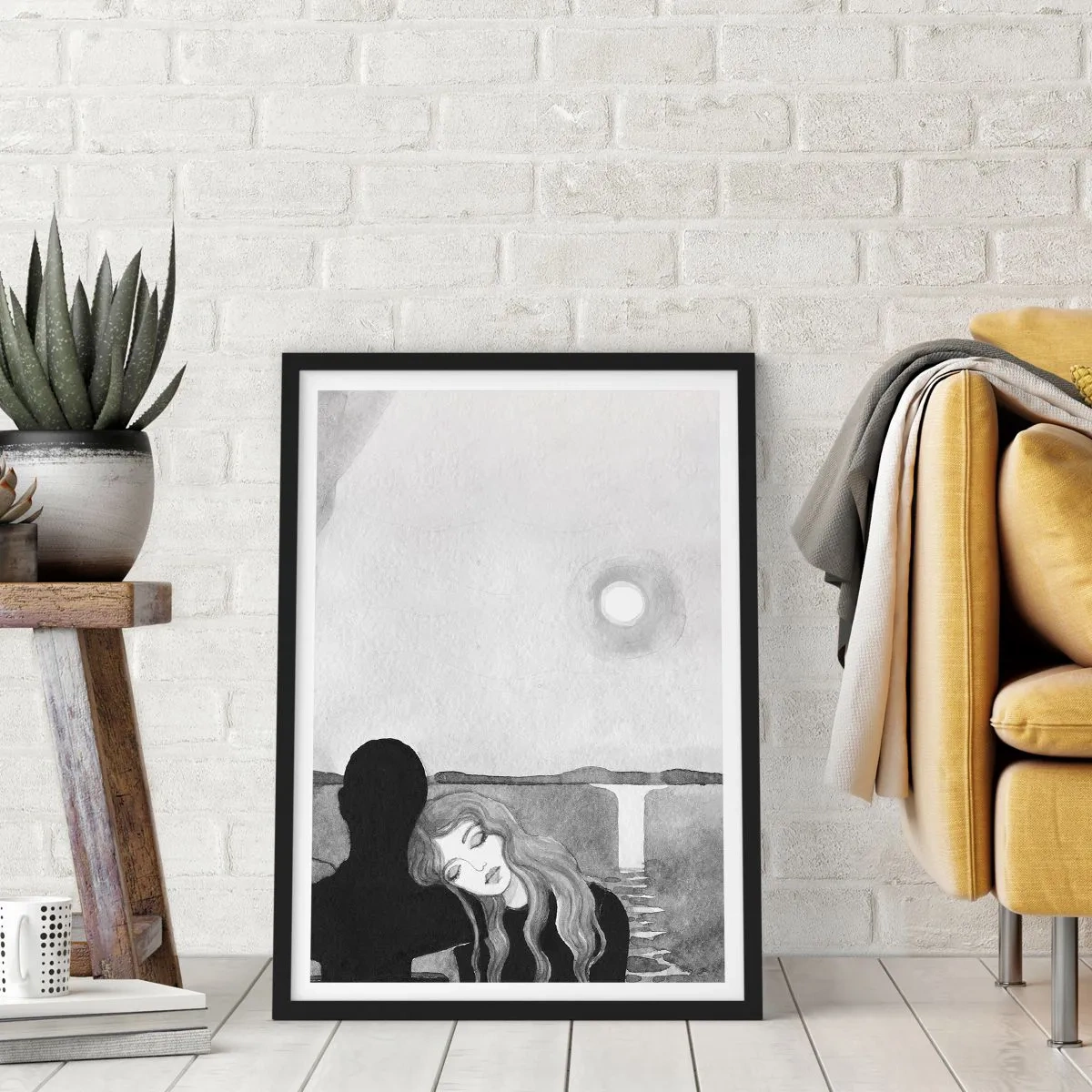 Pôster com moldura preta - Mulher apoiada na figura da sombra, lua e cachoeira - 50x70cm - Sempre misteriosa - Decoração de parede moderna para a sala de estar e quarto ARTTOR