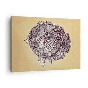 Quadro em tela - Peixe decorativo em estilo de desenho com padrões - 70x50cm - De um oceano de enfeites - Decoração de parede moderna para a sala de estar e quarto ARTTOR