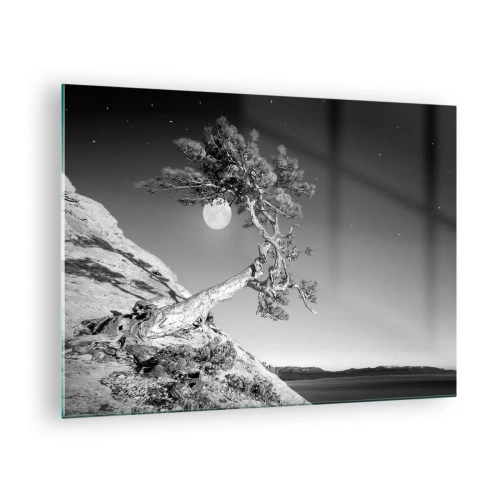 Quadro em vidro - Uma árvore inclinada na encosta de uma colina com a lua ao fundo - 70x50cm - Guerreira vitoriosa - Decoração de parede moderna para a sala de estar e quarto ARTTOR