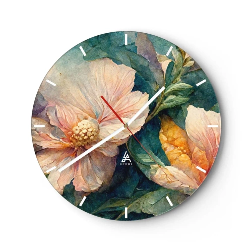 Relógio de parede - Relógio em vidro - Flores delicadas em tons pastéis com folhas verdes - 30x30cm - Apenas sutileza - Decoração de parede moderna para a sala de estar, cozinha e quarto ARTTOR