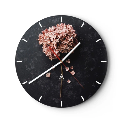 Relógio de parede - Relógio em vidro - Flor de hortênsia rosa em fundo preto - 30x30cm - Um sinal verdadeiramente romântico - Decoração de parede moderna para a sala de estar, cozinha e quarto ARTTOR