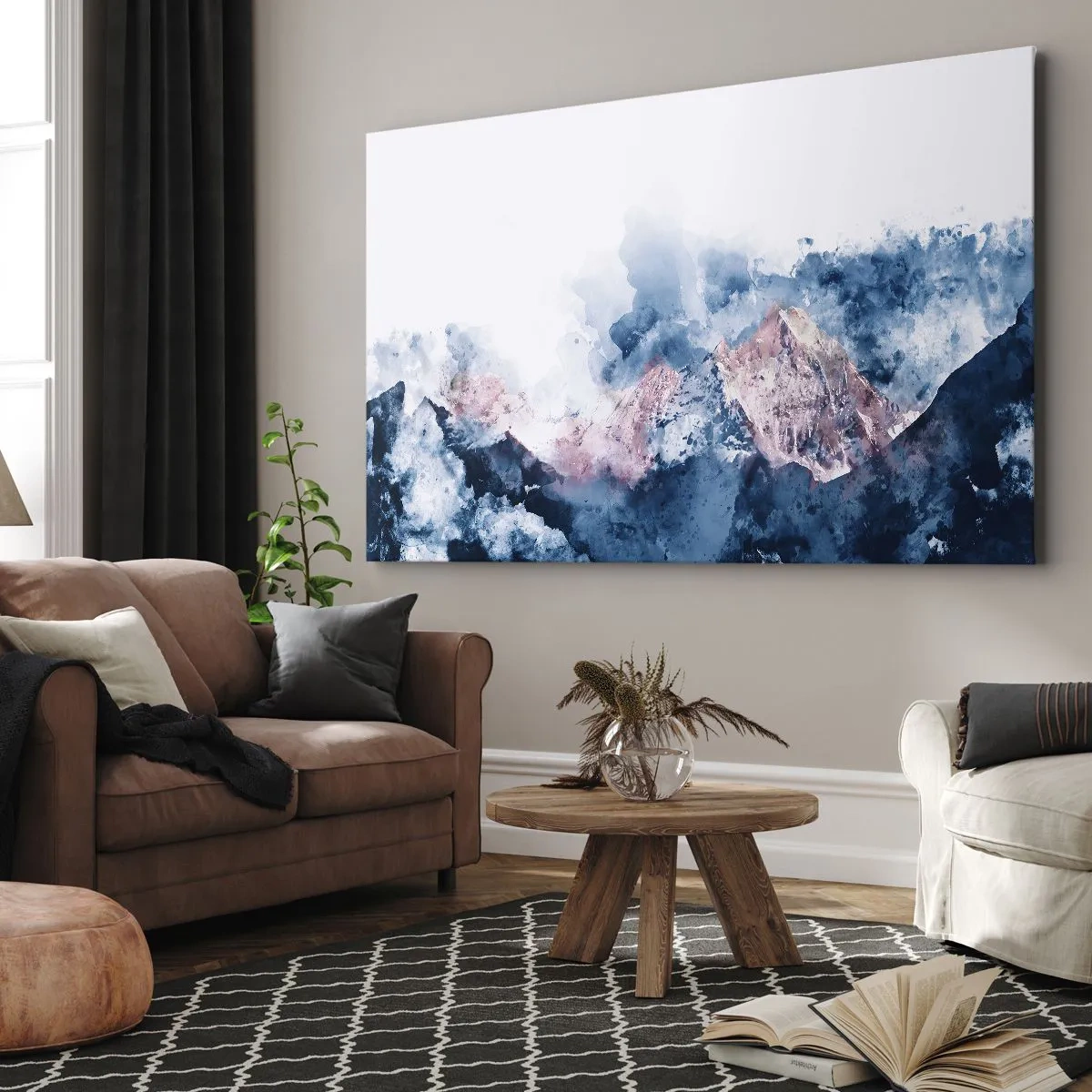 Quadro em tela - Montanhas em aquarela em tons pastéis sobre fundo branco - 70x50cm - Estes são os verdadeiros picos! - Decoração de parede moderna para a sala de estar e quarto ARTTOR