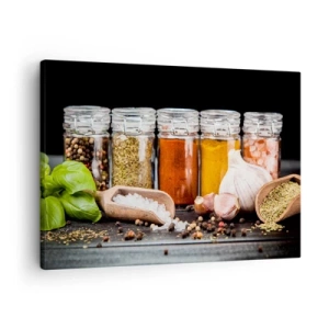 Quadro em tela - Ervas e especiarias em potes de vidro sobre fundo escuro - 70x50cm - Para que a vida tenha um sabor - Decoração de parede moderna para a sala de estar e quarto ARTTOR