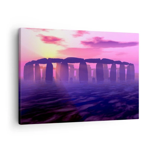 Quadro em tela - Círculo de pedras ao pôr do sol com céu roxo - 70x50cm - O mistério do amanhecer no nevoeiro - Decoração de parede moderna para a sala de estar e quarto ARTTOR