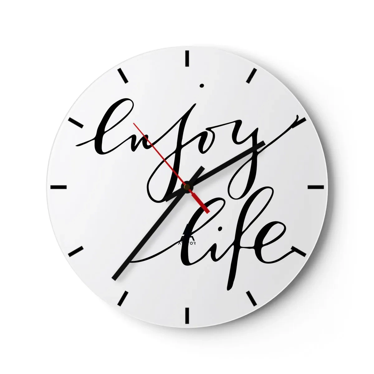 Relógio de parede - Relógio em vidro - Um relógio branco com a inscrição preta "Aproveite a vida" em um fundo minimalista. - 30x30cm - Nada mais... - Decoração de parede moderna para a sala de estar, cozinha e quarto ARTTOR